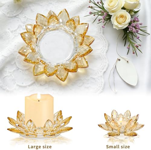 Large Crystal Lotus Tealight Candle Holder for Up to 6" Diameter Pillar Candlestick, Chunky Glass Votive Stand for Wedding, Party, Table Centerpiece Decor and Yoga Meditation (1, Gold) - Image 4