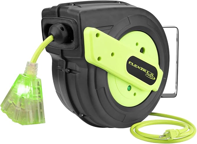 Flexzilla Retractable Extension Cord Reel, 12/3 AWG SJTOW Cord, 60', Grounded Triple Tap Outlet, ZillaGreen, FZ8120603