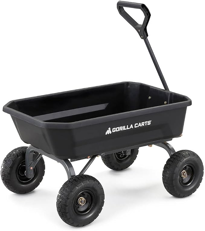 Gorilla Carts Heavy-Duty Dump Cart, Patented Quick-Release Dumping, Steel Frame, 600 lb Capacity, No-Flat 10-Inch Tires, Utility Wagon for Garden, Yard, Beach