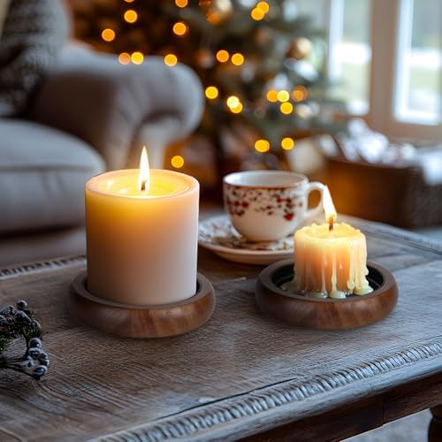 Candle Holder for Pillar Candle Set of 2, Farmhouse Wood Candle Plate, Rustic Wooden Candle Stand, Candles Tray Decorative for Living Room, Table Centerpiece, Brown - Image 5