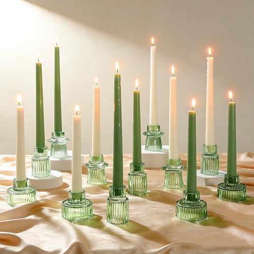 12 Pack Ribbed Green Glass Candle Holders for Table Centerpieces by Unknown