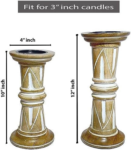 Perilla Home Wooden Pillar Candle Holders Set of 2 - Home Decor Candle Holder Centerpiece - for, Taper Candles, Dining Table Candle Holder Halloween, Home Decor, Candlesticks - Rustic Light Brown - Image 4