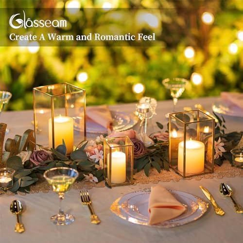 Glasseam Glass Hurricane Candle Holder: Set of 3 Gold Square Candle Holders for Pillar Candles Large for Table Centerpiece Wedding Christmas Decorative - Image 4