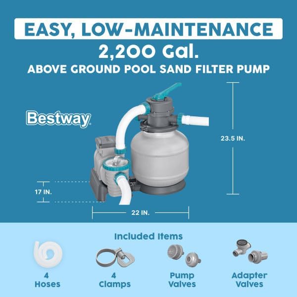 Bestway 2,200 GPH Above Ground Swimming Pool Sand Filter Pump | Compatible with Pools: 300 to 14,400 Gallons, Corrosion-Resistant Tank, Pre-Assembled, Low-Maintenance Pump with Adapters