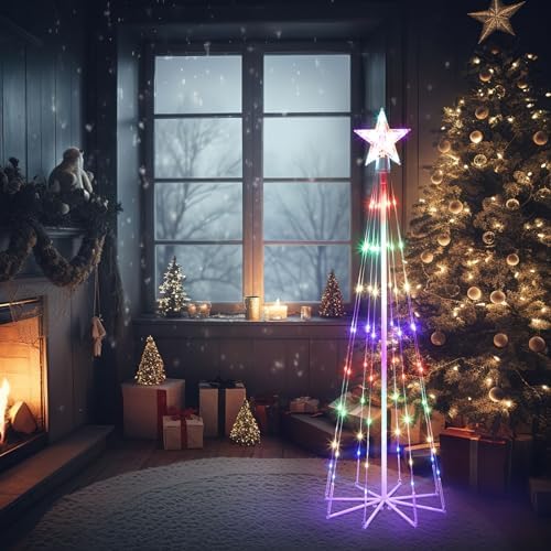 3 Pack LED Animated Outdoor Christmas Tree, 4' 5' 6' Multicolor Lightshow Lighted Cone Wire Tree with Topper Star, Christmas Outdoor Decorations Artificial Lighted Tree for Indoor Yard Patio - Image 5