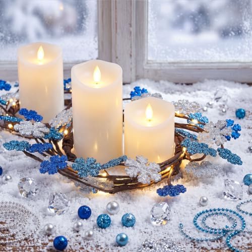Daifunli 2 Pcs Winter Blue Snowflake Candle Rings Snowflake Wreath Glitter Vintage Wood Wreaths for Pillar 4.25 Inch Candles Holder for Winter Christmas Rustic Table Centerpiece Decor - Image 6