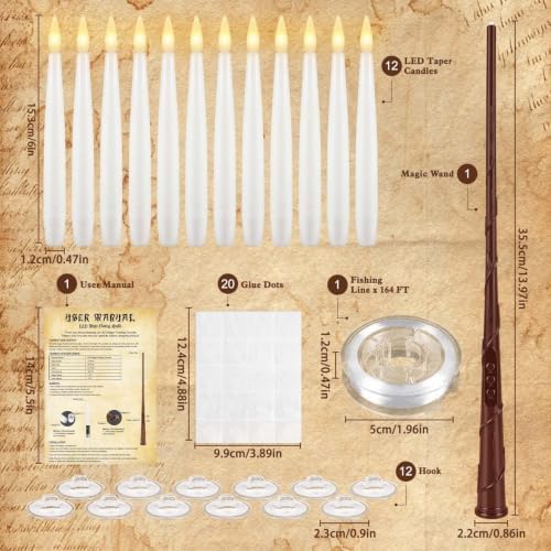 12 Pcs Hanging Floating Candles with Wand Remote, Magic LED Flying Taper Candles Battery Operated, Flickering Warm White Flameless Window Decor for Halloween Party, Christmas & Themed Events - Image 3