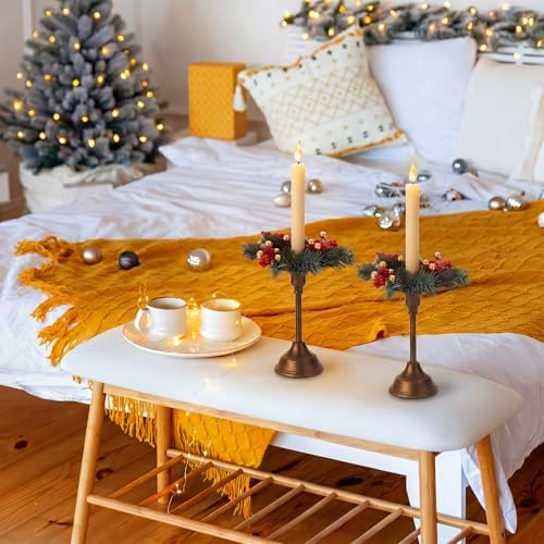Daifunli 2 Pcs Christmas Gold Ball Red Berry Pine Needle Candle Ring Artificial Berry Bell Wreaths for Pillar 1.25 Inch Candle Holder for Winter Christmas Country Wedding Table Centerpiece Decor - Image 5