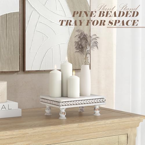 EOSAHR Wood Riser with Beaded: Pedestal Stand for Farmhouse Decor,Whitewash - Image 5
