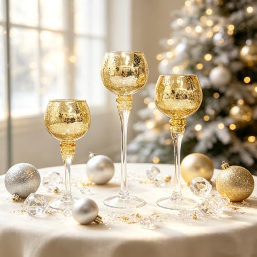 Hosley Set of 3 Crackle Gold Glass Tealight Holders 9 Inches 10 Inches and 12 Inches High Ideal for Weddings Special Events Parties Also Makes a Great Gift O9 - Image 6