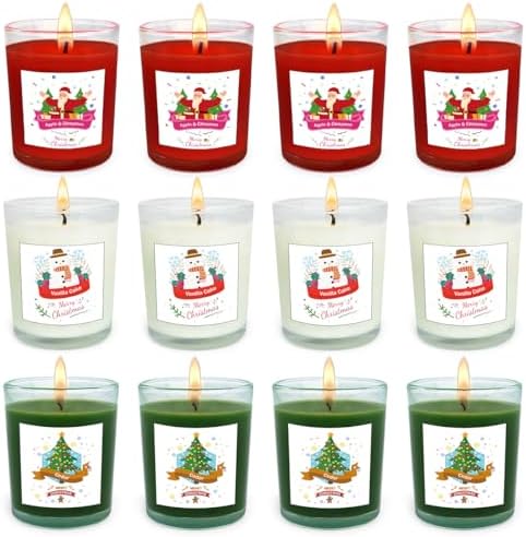Christmas Scented Glass Votive Candle Set - 12 Pack, Holiday Fragrances: Apple & Cinnamon, Vanilla Cake, and Cedar - Festive Decor Candles for Home Parties Gifts by BERYSCEN