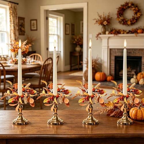 12 PCS Fall Taper Candle Rings Wreaths 1.38" Pumpkin Berries Wheat Taper Candle Holder Wreaths Thanksgiving Autumn Harvest Mini Floral Wreath for Pillar Candle Farmhouse Home Table Candlesticks Decor - Image 2