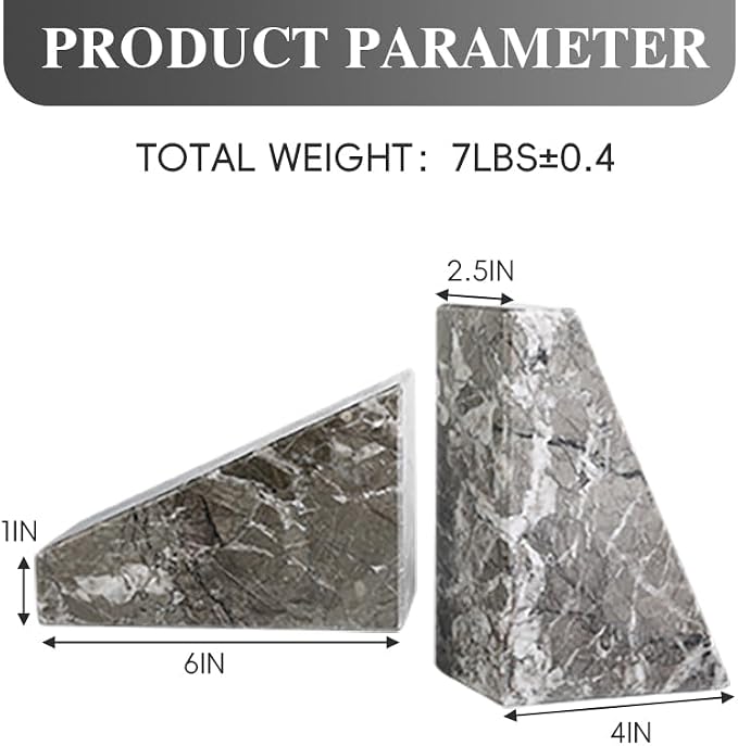 Koville Marble Bookends for Shelves, Large Bookends for Heavy Books, Natural Stone Book Stopper for Books CD Movies, Aesthetic Decorative Book Ends, Bookshelf Table Home Decor(Grey)