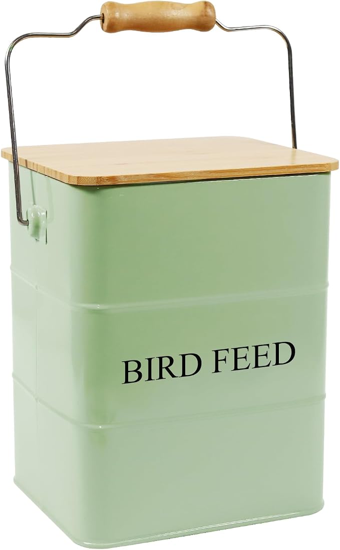 Metal Bird Seeds storage container,Outdoor Bird Container Canister, Pet Food Bin with Wooden Lid/Handle/Food scoop,hold 5-6 Lbs of Wild Bird Seed Sunflower Seed-Preventing Squirrels-Green