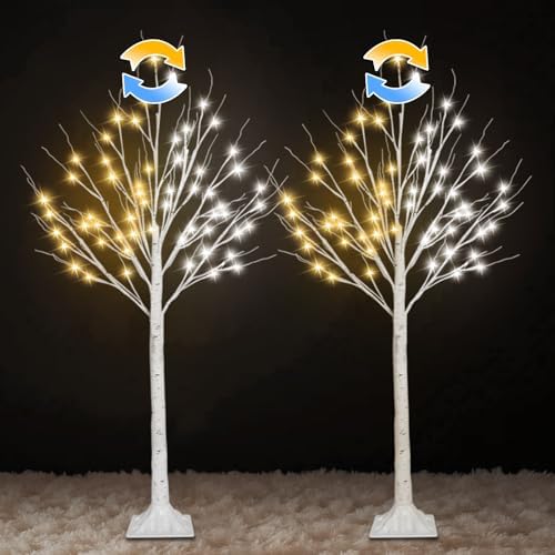 2 Pack 4FT Lighted Birch Trees, Warm White to Cool White Color Changing by SANJICHA