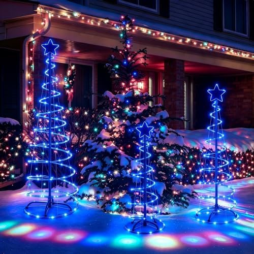 3 Packs Christmas Spiral Tree with Lights, 3/4/5 FT Lighted Xmas Collapsible Tree with Metal Stakes for Indoor & Outdoor, Yard, Porch, Garden Holiday Decor (Blue, 3-4-5 FT) - Image 6
