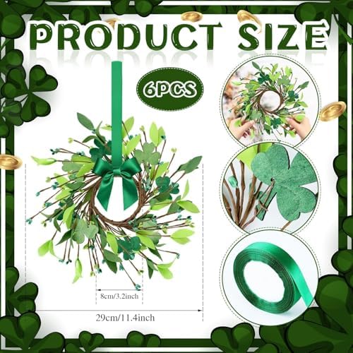 6 Pcs St.Patrick's Day Shamrocks Candle Wreath Artificial Clover Rings Wreath Lucky Irish Kitchen Cabinet Wreaths Pillars Candle Wreaths for Front Door Porch Wall Window Decoration - Image 4
