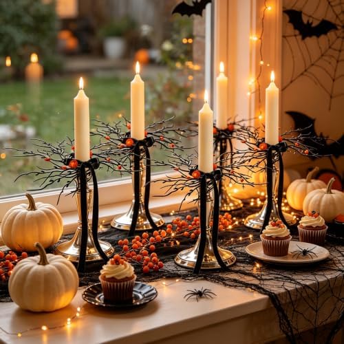 Halloween Candle Rings, Set of 6 Artificial Black Twig Wreath Candle Holder Rings with Orange Black Berries, Mini Twig Candle Rings for Taper Candles, Halloween Table Centerpiece Decor - Image 4