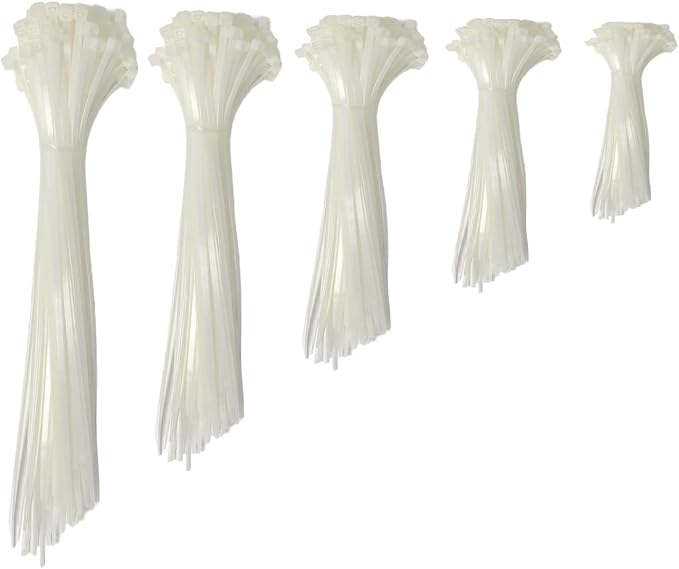 Kable Kontrol Zip Ties Assorted Sizes 500 Pcs Variety Pack Kit, 4+5.5+8+11+14 Inch Bulk Zipties Multi Pack Cable Tie Wraps, Nylon Wire Ties, for Indoor Outdoor Cable Management Use, Natural White