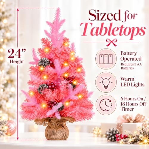 MEETYAMOR 2 FT Mini Christmas Tree, 24" Prelit Pink Small Artificial Tabletop Christmas Trees Decor with Timer, Outdoor Indoor Porch Table Centerpieces Xmas Christmas Decorations - Image 2