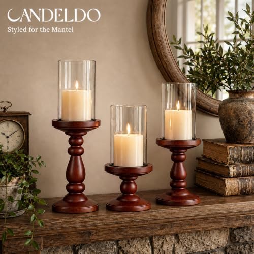 Candeldo Wooden Hurricane Candle Holders Pillar: Mid Century Modern Brown - Image 5
