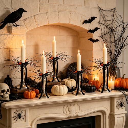 Halloween Candle Rings, Set of 6 Artificial Black Twig Wreath Candle Holder Rings with Orange Black Berries, Mini Twig Candle Rings for Taper Candles, Halloween Table Centerpiece Decor - Image 6