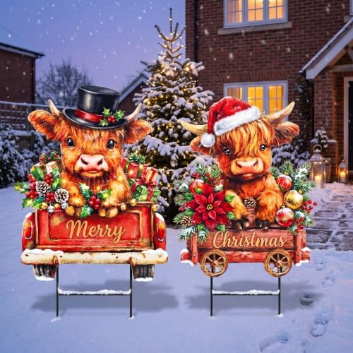 2 Pcs Christmas Highland Cow Metal Garden Stakes, 15.75" Sign by Otoolling