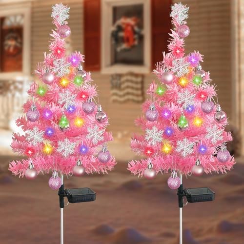 2 Set Pink Solar Christmas Tree Lights, Waterproof Solar Christmas Decorations Outdoor, Xmas Solar Stake Lights with 40 LEDs Cemetery Christmas Tree for Grave Outside Garden Yard Lawn by LAIAMER