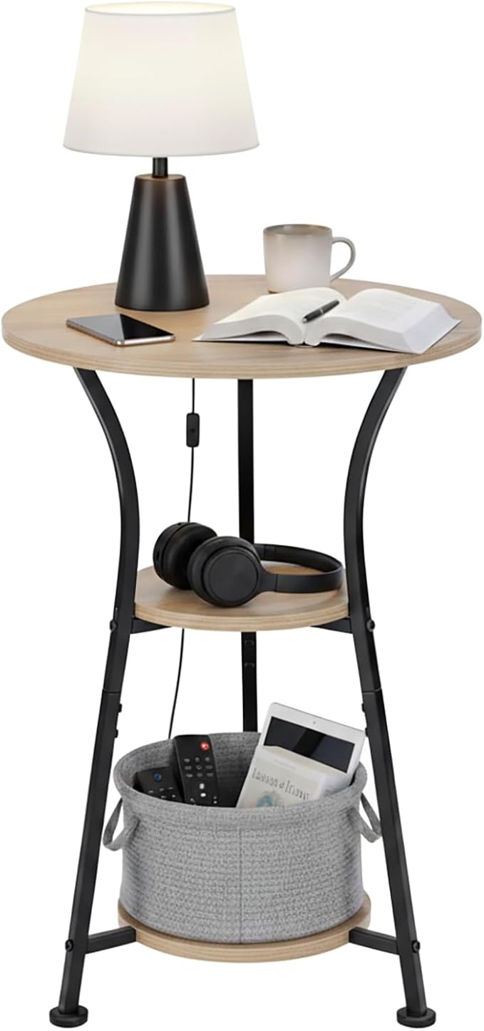 Dulcii 3-Tier Round Side Table with Storage, Industrial End Table for Living Room, Rustic Wood & Metal Bedside Nightstand, Accent Plant Stand for Bedroom Corners & Small Spaces