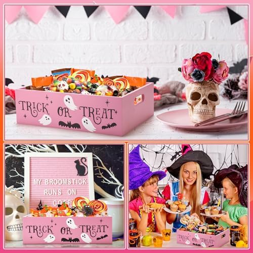 Leinuosen Halloween Candy Bowl Wooden 11.8 In Trick or Treat Pink - Image 6