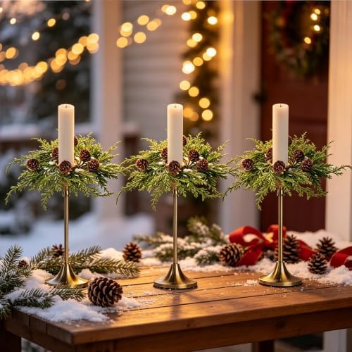4 PCS 1.38" Mini Christmas Cedar Taper Candle Rings Holder Wreaths - Image 6