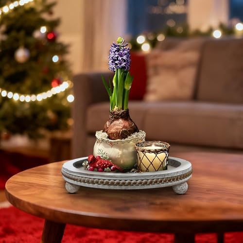 Wood Round Tray for Wooden Coffee Table Decor, Wood Raise Candle Tray Holder Plate,Farmhouse Small Decorative Trays Beade, Rustic Serving Tray for Kitchen Table, Home Decor, Living Room, Retro White - Image 2