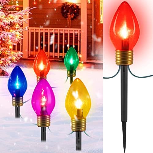 2 Pack Jumbo C9 Christmas Pathway Lights Outdoor Decorations Lawn with Stakes,Tota 17Ft 10 LED String Lights Covered Jumbo Multicolored Walkway Lights Bulb for Holiday Outside Yard Garden Decor by Brightown