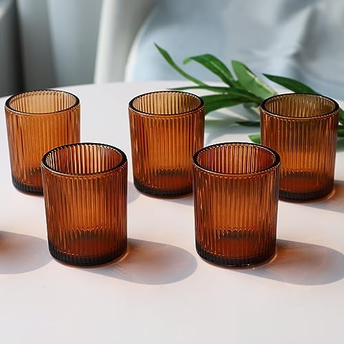 VOHO 12pcs Amber Candle Holders for Votive Tea Lights Candles, Ribbed Glass - Image 6