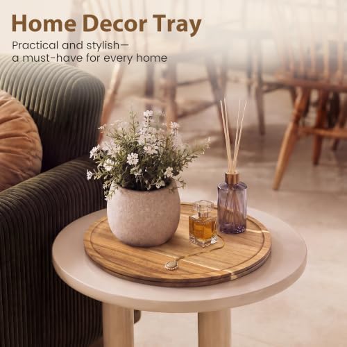 14.9" Round Wooden Serving Tray Large Wood Decor Tray Coffee Table Living Room Kitchen Counter Ottoman Tray Circle Candle Holder Decorative Trays - Image 2