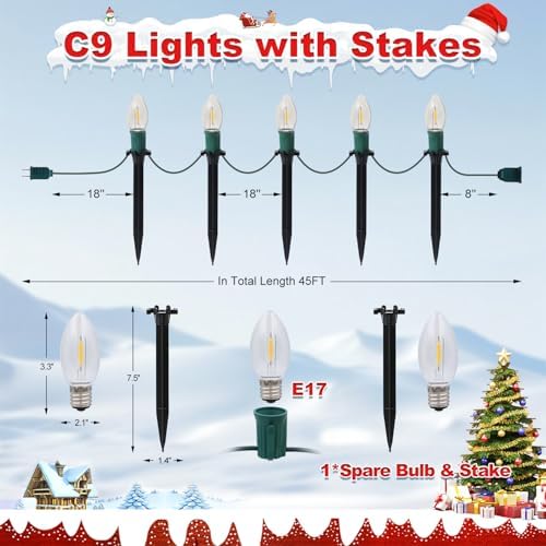 45Ft C9 30 Led Bulbs Christmas Pathway Lights Outdoor, Warm White Waterproof Connectable Christmas Walkway Lights for Driveway, Yard, Lawn, Sidewalk Decorations - Image 4
