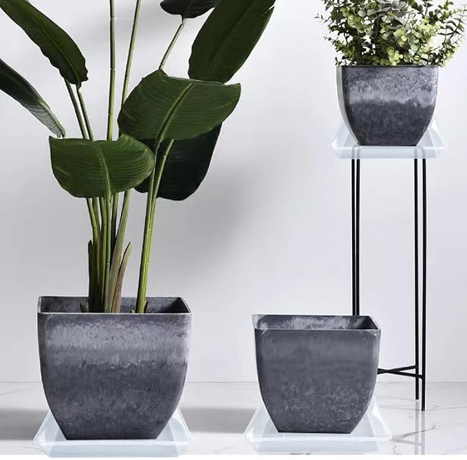 LWALRS Square Plant Saucer 14 Inch 2 Pack, Strong Clear Plastic Flower Plant Pot Saucer, Square Planters for Indoors and Outdoors Plants, Garden Plant Saucers for Pots Plant Trays.