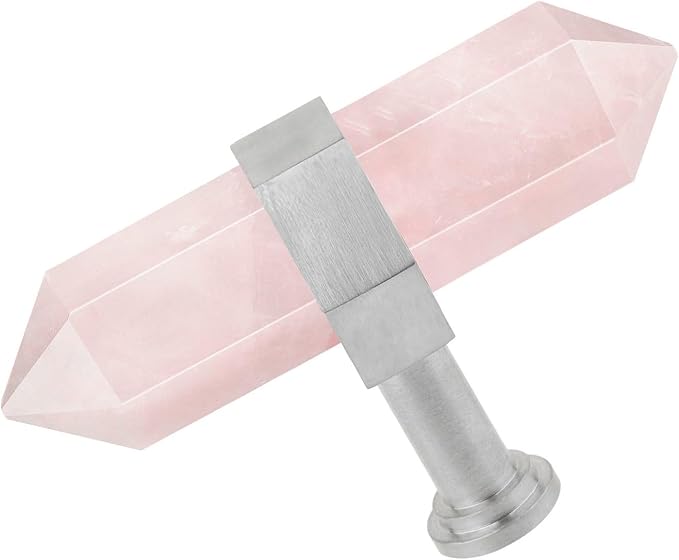 mookaitedecor Set of 2 Rose Quartz Double Crystal Points Drawer Knobs with Screws, Decorative Stone Cabinet Handle Pulls for Dresser Cupboard Kitchen Decor, Brushed Stainless Steel