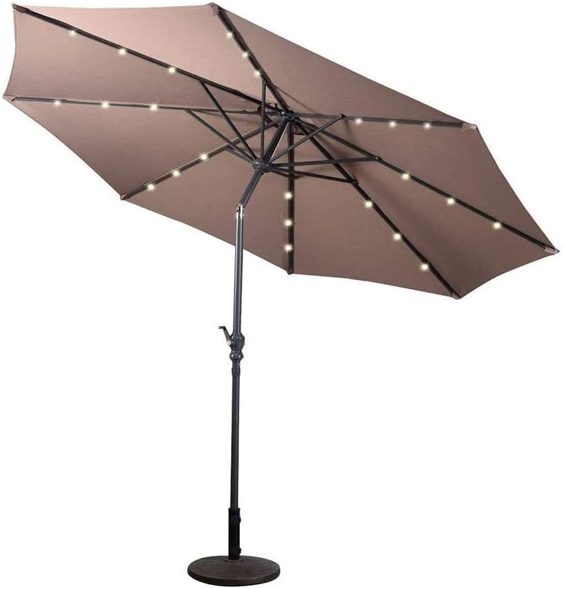HAPPYGRILL 10FT Patio Umbrella with Lights Outdoor Solar Powered Sunbrella with Tilt Crank Umbrella for Garden Poolside Backyard Beach