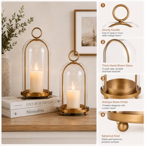 GYKLE Set of 2 Candle Lantern, Candle Holders with Glass Dome 10" & 7.87" - Image 3