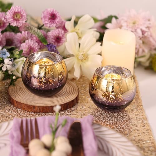 Volens Purple Votive Candle Holders Set of 12, Round Mercury Glass Votives - Image 4