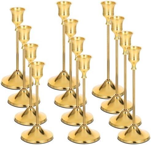 12Pcs Brass Gold Metal Taper Candle Holders, Vintage Candlestick Holder, Decorative Metal Candle Sticks, Candlesticks for Table Mantel Wedding Home Decor Housewarming Gift by Unknown