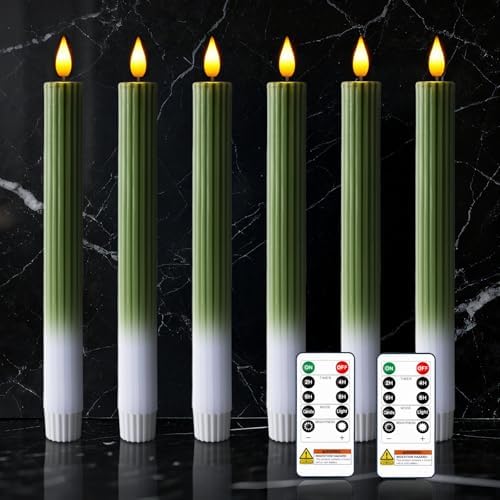 Real Wax Flameless Taper Candles Battery Operated, LED Candlesticks with Remote for Flickering and Timer, Green Striped Decorative Candles for Christmas, Home,and Relaxing Spaces by meigic