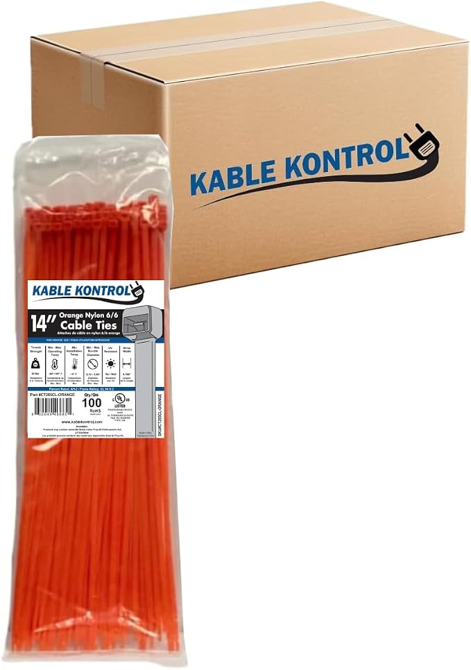 Kable Kontrol Orange Zip Ties 14 Inch 6,000 Pcs, 50 Lbs Tensile Strength, Bulk Pack, Self-locking Nylon Colored Cable Ties Wire Wraps for Indoor or Outdoor Use
