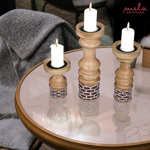 Mela Artisans Gramercy Wood Candle Holders - Red Natural, Set of 3 - Image 6