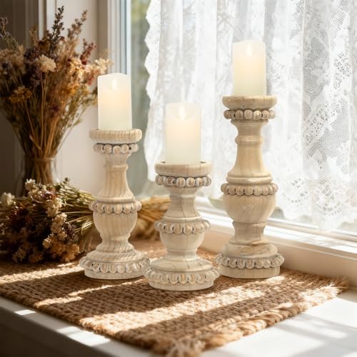 Farmhouse Wooden Candle Holders for Pillar Candles, Set of 3 Vintage Wooden Beaded Candle Holder, Tall Candle Stand Decorative for Living Room, Table Centerpiece (Natural) - Image 4