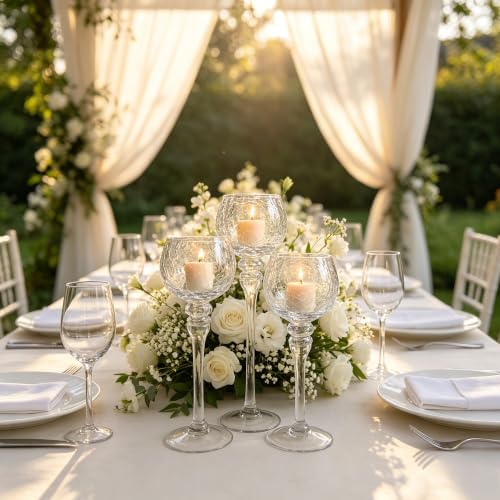 Hosley Set of 3 Crackle Clear Glass Tealight Holders -12 Inch, 10 Inch, 9 Inch Ideal for Weddings Special Events Parties - Image 4