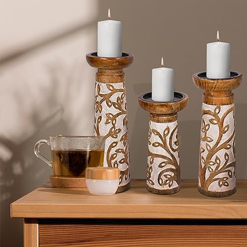 Perilla Home Wood Texture Candlestick Holders Set of 3 - Candle Holders for Candlesticks, Taper Candles, Anniversary, Dinning Table Vintage Candle Holder Centerpiece - (12x10x8 Brown and White) - Image 6