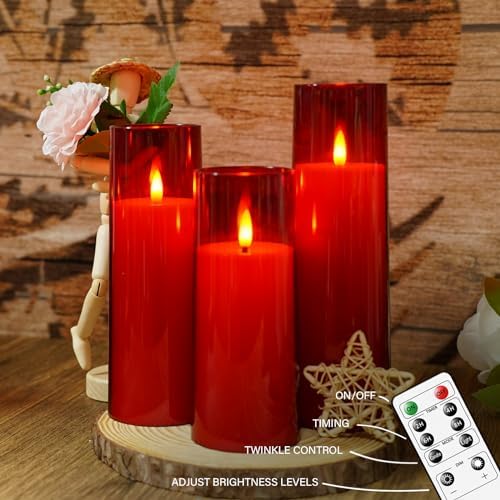 kakoya Flickering Flameless Candles Battery Operated with Remote and 2/4/6/8 H Timer Plexiglass Led Pillar Candles Pack of 9 (D2.3 xH5.5 6.5" 7.5") with Realistic 3D Wick Candles for Home Decor(Red) - Image 4
