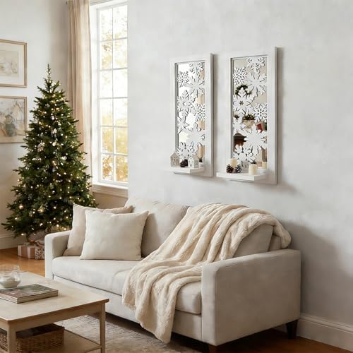 ZEXUIRU 2 Set Rustic Candle Sconces Living Room Bedroom Entryway Wood Mirrored, Farmhouse, Carved Frame Wall-Mount Wooden Candle Holders Wall Decor Hanging Handmade Holder - Distressed White - Image 5